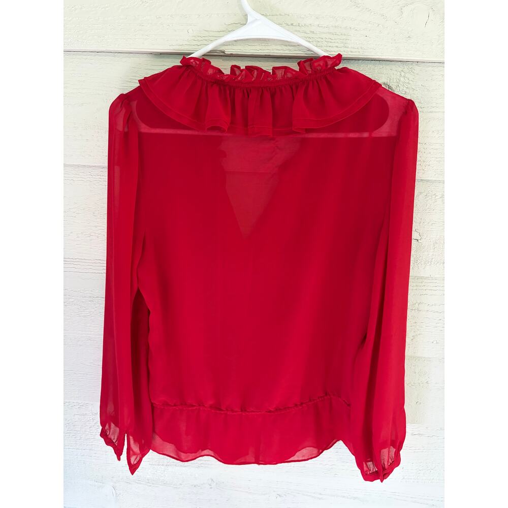 Spense Red Sheer Ruffle Blouse Size Medium Romantic Long Sleeve Tie Front Top - Picture 7 of 7
